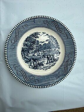 Vintage Blue & White Currier & Ives Ceramic Plate Pastoral Scene Harvest 6.5"